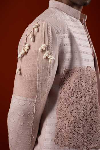 Shop_Sanchit Sharma_Pink Cotton Textured Layered Jacket And Kurta Set _Online_at_Aza_Fashions
