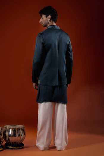 Shop_Sanchit Sharma_Blue Silk Embroidered Bundi With Kurta Set _at_Aza_Fashions
