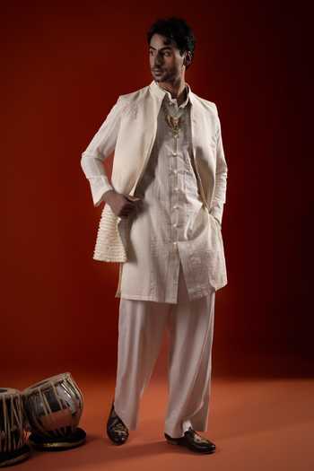 Shop_Sanchit Sharma_Ivory Cotton Textured Bundi With Kurta Set _at_Aza_Fashions