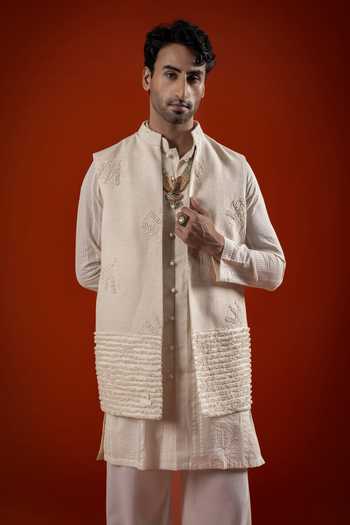 Sanchit Sharma_Ivory Cotton Textured Bundi With Kurta Set _Online_at_Aza_Fashions