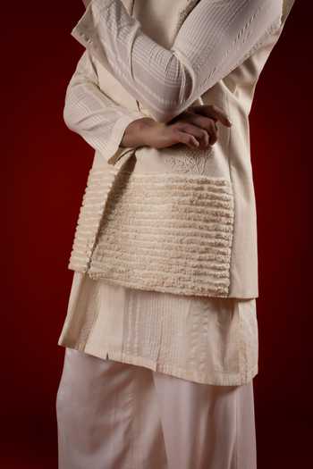 Buy_Sanchit Sharma_Ivory Cotton Textured Bundi With Kurta Set _Online_at_Aza_Fashions