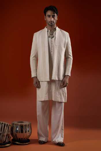 Buy_Sanchit Sharma_Ivory Silk Textured Kurta And Jacket Set _at_Aza_Fashions