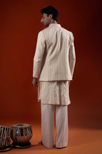 Shop_Sanchit Sharma_Ivory Silk Textured Kurta And Jacket Set _at_Aza_Fashions