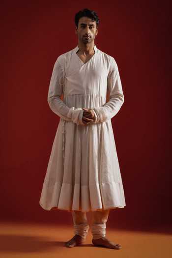 Buy_Sanchit Sharma_Ivory Silk Angrakha Kurta Set With Dupatta _Online_at_Aza_Fashions
