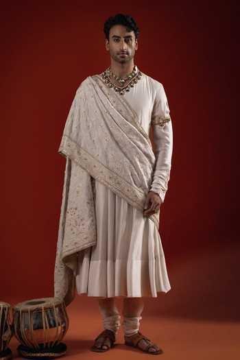 Buy_Sanchit Sharma_Ivory Silk Angrakha Kurta Set With Dupatta _at_Aza_Fashions