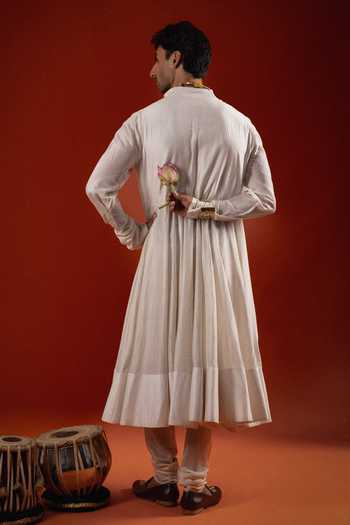 Shop_Sanchit Sharma_Ivory Silk Angrakha Kurta Set With Dupatta _at_Aza_Fashions
