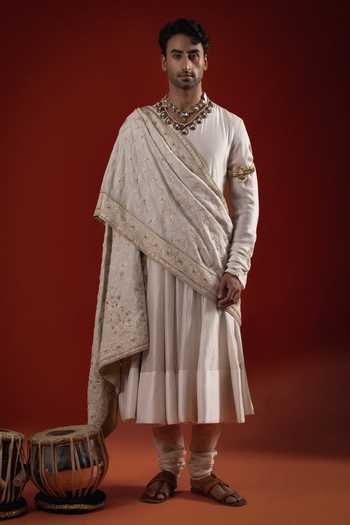 Shop_Sanchit Sharma_Ivory Silk Angrakha Kurta Set With Dupatta _Online_at_Aza_Fashions