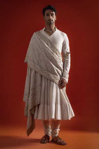 Buy_Sanchit Sharma_Ivory Silk Angrakha Kurta Set With Dupatta 