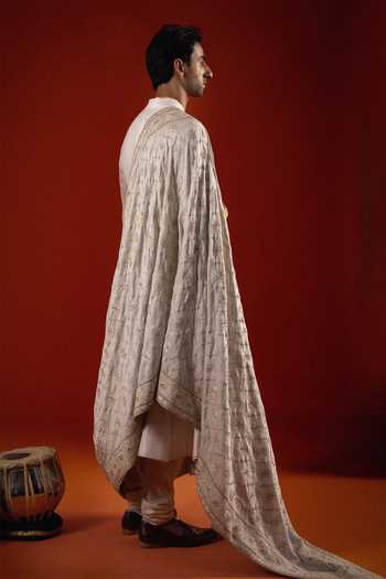 Shop_Sanchit Sharma_Ivory Silk Angrakha Kurta Set With Dupatta 