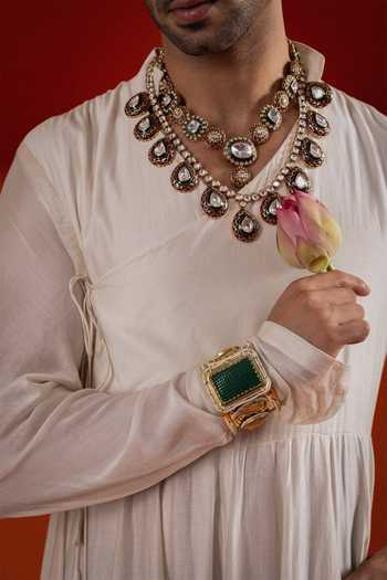 Sanchit Sharma_Ivory Silk Angrakha Kurta Set With Dupatta _Online