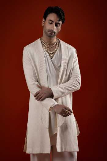 Shop_Sanchit Sharma_Ivory Cotton Embroidered Longline Jacket And Kurta Set _at_Aza_Fashions