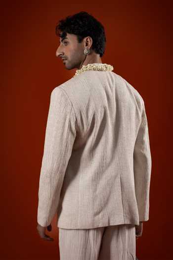 Shop_Sanchit Sharma_Ivory Silk Textured Bandhgala Set _at_Aza_Fashions