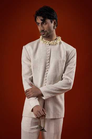 Buy_Sanchit Sharma_Ivory Silk Textured Bandhgala Set _Online_at_Aza_Fashions