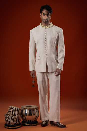 Buy_Sanchit Sharma_Ivory Silk Textured Bandhgala Set _at_Aza_Fashions