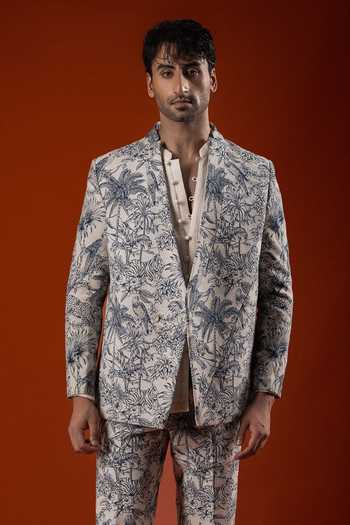 Buy_Sanchit Sharma_Blue Cotton Botanical Print Blazer Set _Online_at_Aza_Fashions