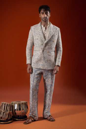 Buy_Sanchit Sharma_Blue Cotton Floral Print Blazer Set _at_Aza_Fashions