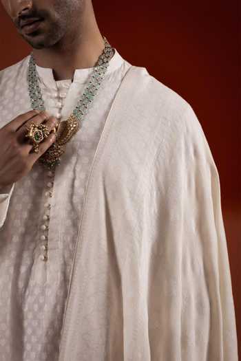 Sanchit Sharma_Ivory Silk, Cotton Textured Pattern Kurta Set _Online_at_Aza_Fashions
