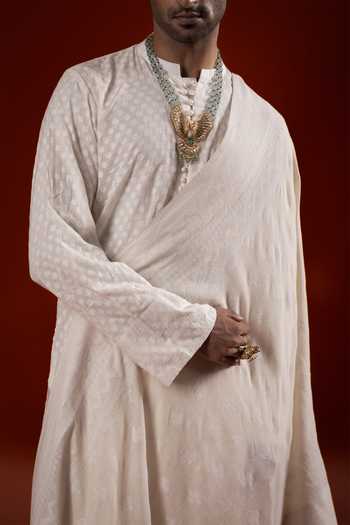 Shop_Sanchit Sharma_Ivory Silk, Cotton Textured Pattern Kurta Set _at_Aza_Fashions