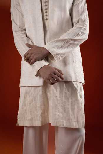 Buy_Sanchit Sharma_Ivory Silk, Cotton Embroidery Layered Bundi And Kurta Set _Online_at_Aza_Fashions