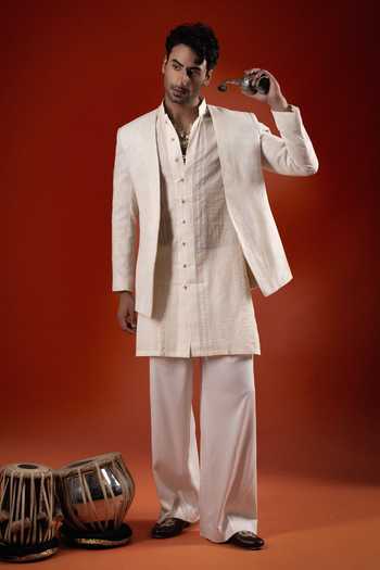 Buy_Sanchit Sharma_Ivory Silk, Cotton Textured Pattern Kurta Set With Jacket _at_Aza_Fashions