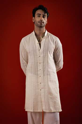 Shop_Sanchit Sharma_Ivory Silk, Cotton Jacquard Kurta Set _at_Aza_Fashions
