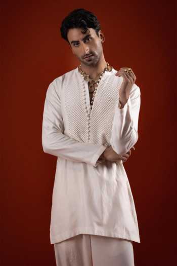 Buy_Sanchit Sharma_Ivory Silk Textured Bib Kurta And Pant Set _at_Aza_Fashions