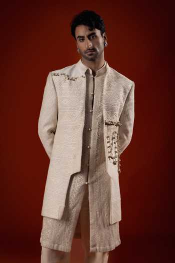 Buy_Sanchit Sharma_Ivory Silk, Cotton Textured Jacket And Kurta Set _at_Aza_Fashions