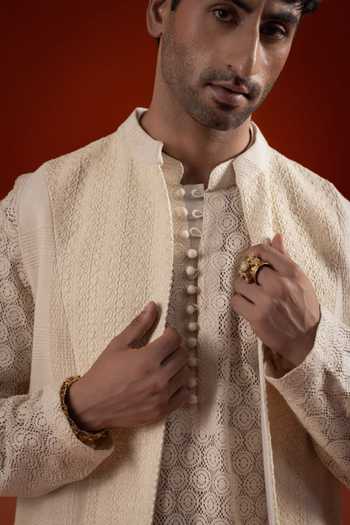 Sanchit Sharma_Ivory Silk, Cotton Textured Kurta Set With Bundi _Online_at_Aza_Fashions