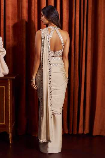 Samyukta Singhania_Gold Chiffon Sweetheart Neck, Border Embroidered Pre-draped Saree With Blouse _Online_at_Aza_Fashions