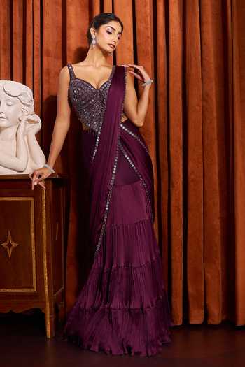 Samyukta Singhania_Purple Crepe Sweetheart Neck Pre-draped Lehenga Saree With Embroidered Blouse _at_Aza_Fashions