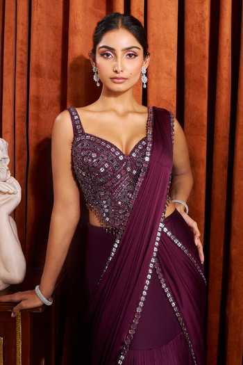 Shop_Samyukta Singhania_Purple Crepe Sweetheart Neck Pre-draped Lehenga Saree With Embroidered Blouse _at_Aza_Fashions