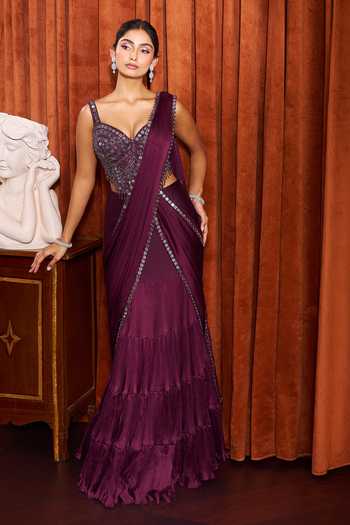 Samyukta Singhania_Purple Crepe Sweetheart Neck Pre-draped Lehenga Saree With Embroidered Blouse _Online