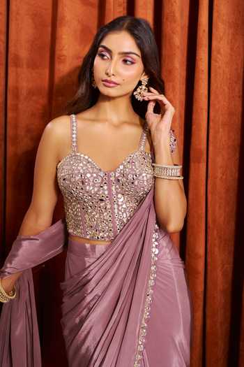 Shop_Samyukta Singhania_Pink Silk, Crepe Sweetheart Neck Pre-draped Saree With Mirror Work Blouse _at_Aza_Fashions