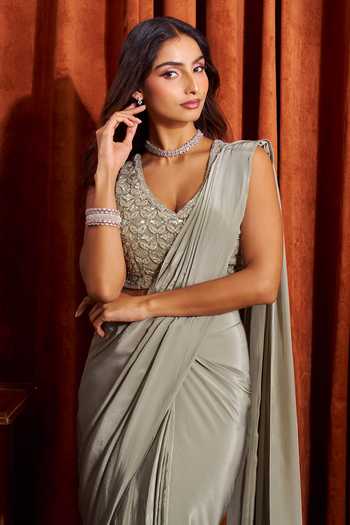Shop_Samyukta Singhania_Grey Silk, Crepe V-neck Pre-draped Saree With Leaf Embroidered Blouse _at_Aza_Fashions