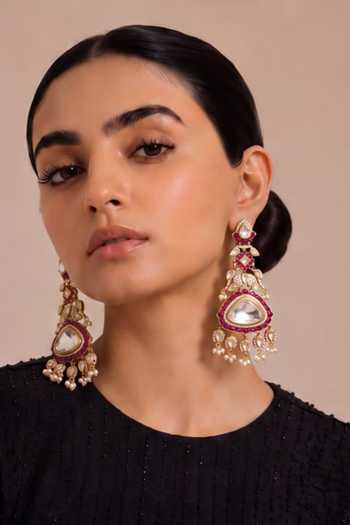 Buy_Mnsh_Gold Plated Noor Ruby Pink Polki Drop Earrings _at_Aza_Fashions
