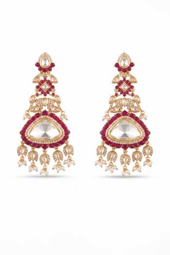 Shop_Mnsh_Gold Plated Noor Ruby Pink Polki Drop Earrings _at_Aza_Fashions