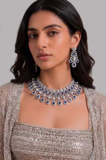 Buy_Mnsh_Silver Plated Sheesh Mahal Sapphire Choker Set _at_Aza_Fashions