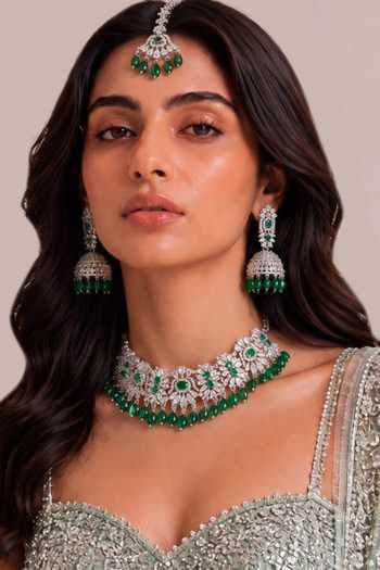 Buy_Mnsh_Silver Plated Rani Emerald Embellished Choker Set _at_Aza_Fashions