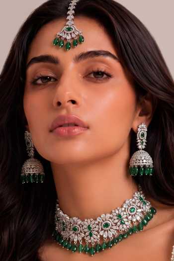 Shop_Mnsh_Silver Plated Rani Emerald Embellished Choker Set _Online_at_Aza_Fashions