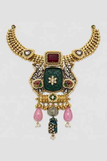 Buy_Vivinia By Vidhi Mehra_Green Carved Stone Statement Necklace Set _Online_at_Aza_Fashions