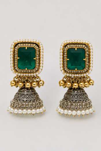 Shop_Vivinia By Vidhi Mehra_Green Carved Stone Statement Necklace Set _Online_at_Aza_Fashions
