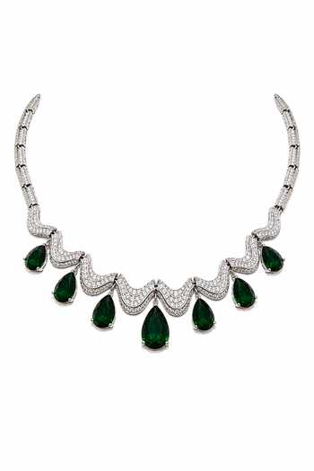Buy_Vivinia By Vidhi Mehra_Silver Plated Emerald Teardrop Necklace Set _Online_at_Aza_Fashions