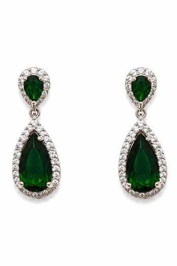 Shop_Vivinia By Vidhi Mehra_Silver Plated Emerald Teardrop Necklace Set _Online_at_Aza_Fashions