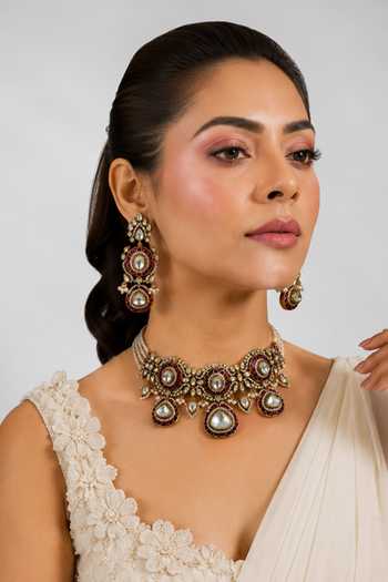 Buy_Vivinia By Vidhi Mehra_Red Ruby Polki Choker Set _at_Aza_Fashions