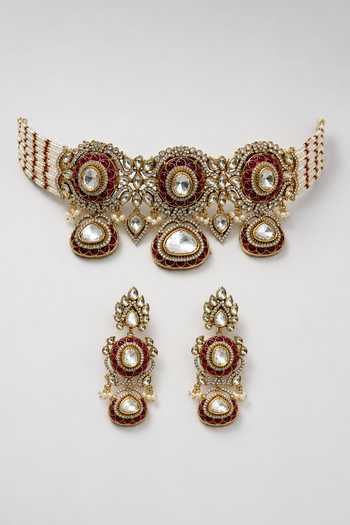 Shop_Vivinia By Vidhi Mehra_Red Ruby Polki Choker Set _Online_at_Aza_Fashions