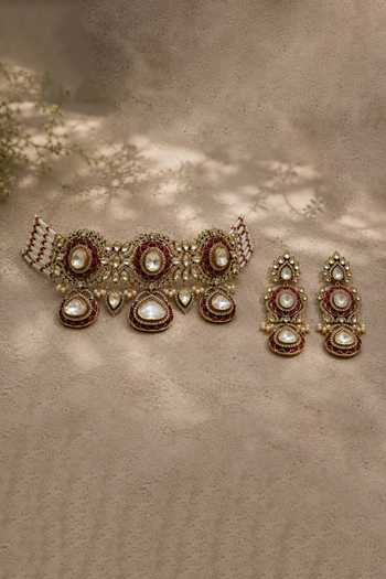 Shop_Vivinia By Vidhi Mehra_Red Ruby Polki Choker Set _at_Aza_Fashions