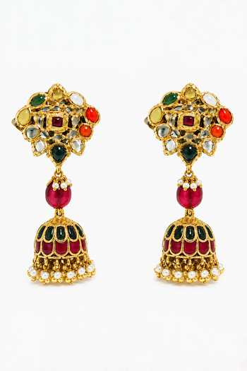 Shop_Vivinia By Vidhi Mehra_Gold Plated Navratna Floral Choker Set _Online_at_Aza_Fashions