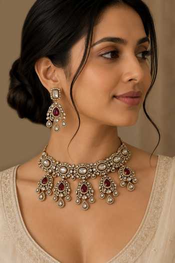 Buy_Vivinia By Vidhi Mehra_Gold Plated Ruby Polki Statement Choker Set _at_Aza_Fashions