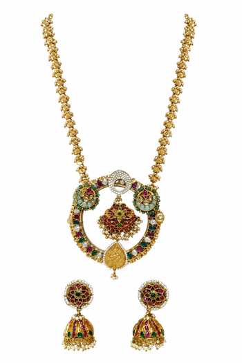 Vivinia By Vidhi Mehra_Gold Plated Heritage Polki Long Pendant Necklace Set _Online_at_Aza_Fashions