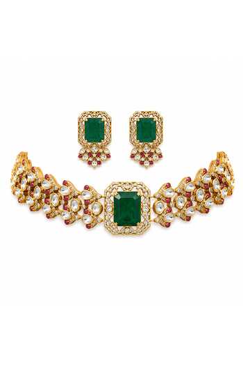 Shop_Vivinia By Vidhi Mehra_Emerald Green Polki Choker Set _at_Aza_Fashions